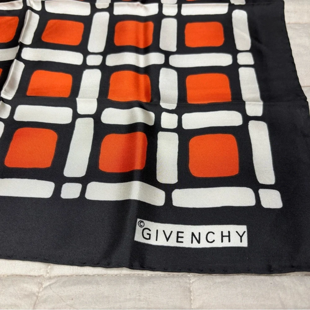 Vintage GIVENCHY Scarf - 100% Silk Orange & Black Block Scarf Saks Fifth Avenue